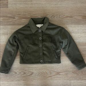 Faux Suede Olive Green Kids Jacket with Fringe Detail